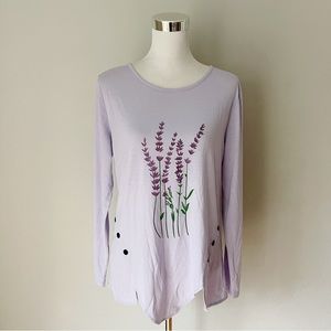 C.O.Z.Y Lavender Floral Stretch Jersey Knit Top Size L Fairy Fairycore